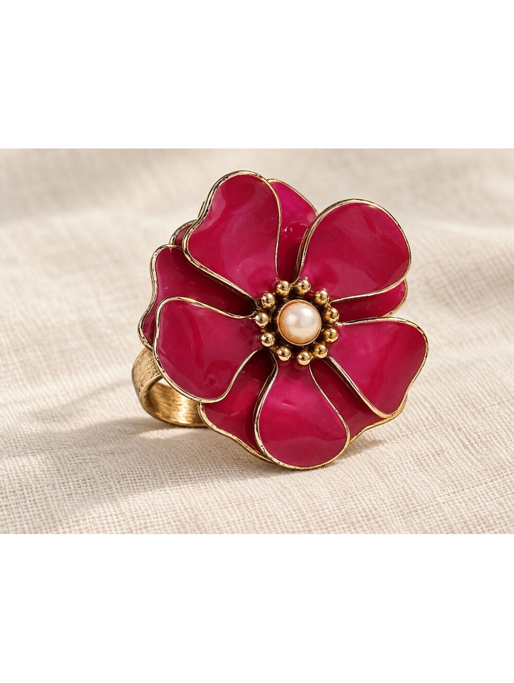 🌺 Pink Enamel Flower Statement Ring Gold Tone Pearl-Look Center